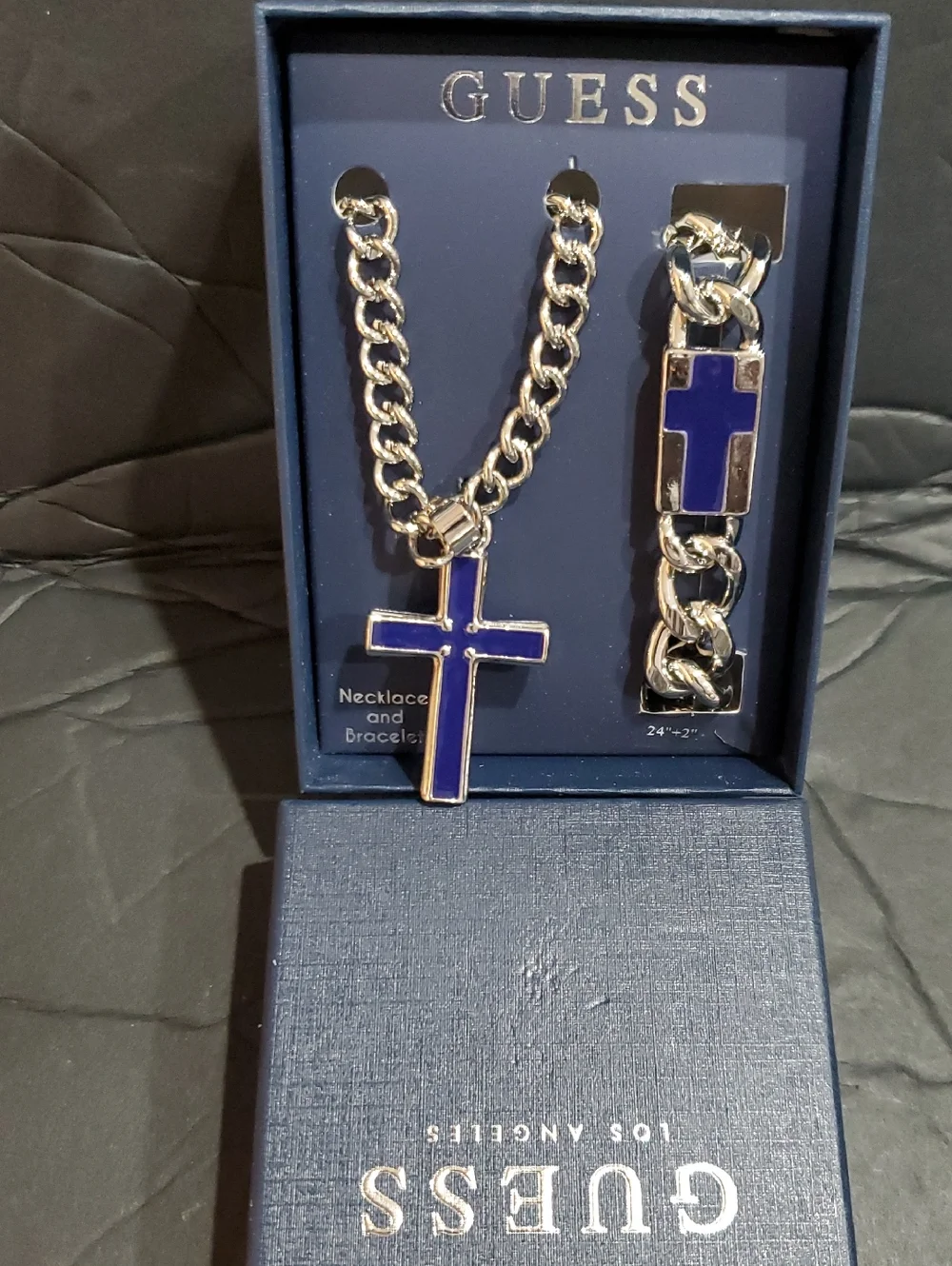 Guess men's silver chainlink navy‎ Christian cross pendant necklace bracelet set